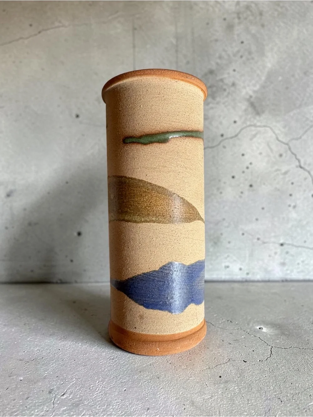 Handcrafted Ceramic Cylinder Vase in Natural, Blue & Green